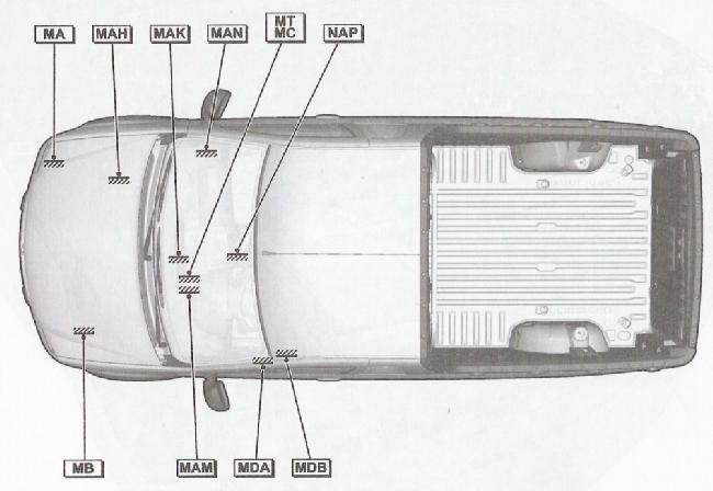 Расположение клемм "массы" элементов электрооборудования автомобиля Lada Largus