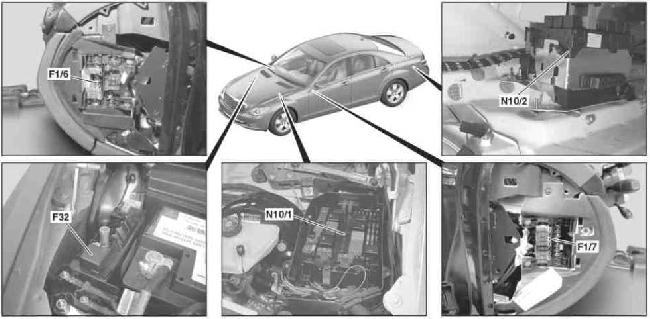 Схема предохранителей и реле Mercedes W221 / C216 (дорестайлинг; 2005-2009)