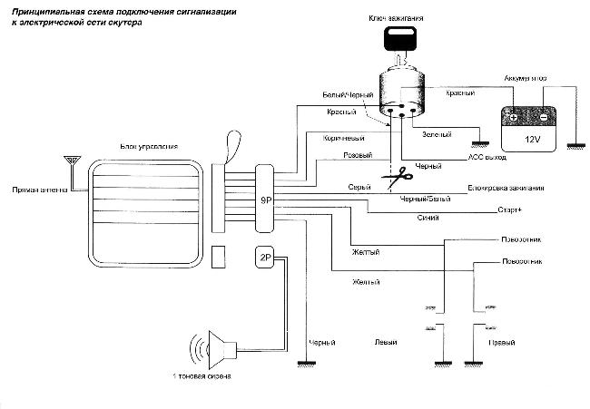 Принципиальная схема подключения сигнализации к электрической сети скутера Patron
