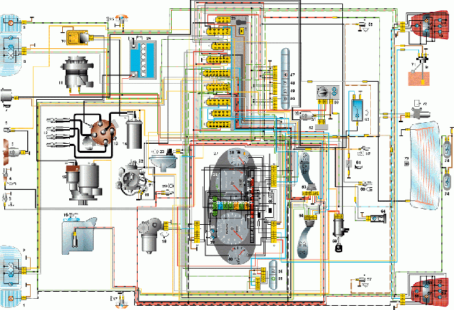 Цветная схема электрооборудования Skoda Felicia LX (с карбюраторным двигателем 1,3 л)